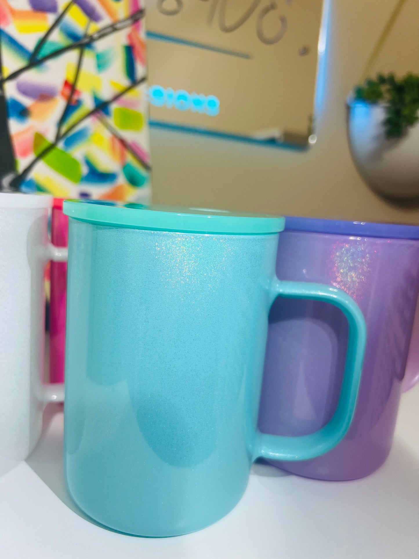 17 oz Mug, Colored Holographic Shimmer Sublimatable Glass Mug w/ Plastic Color Lid & Clear Plastic Straw