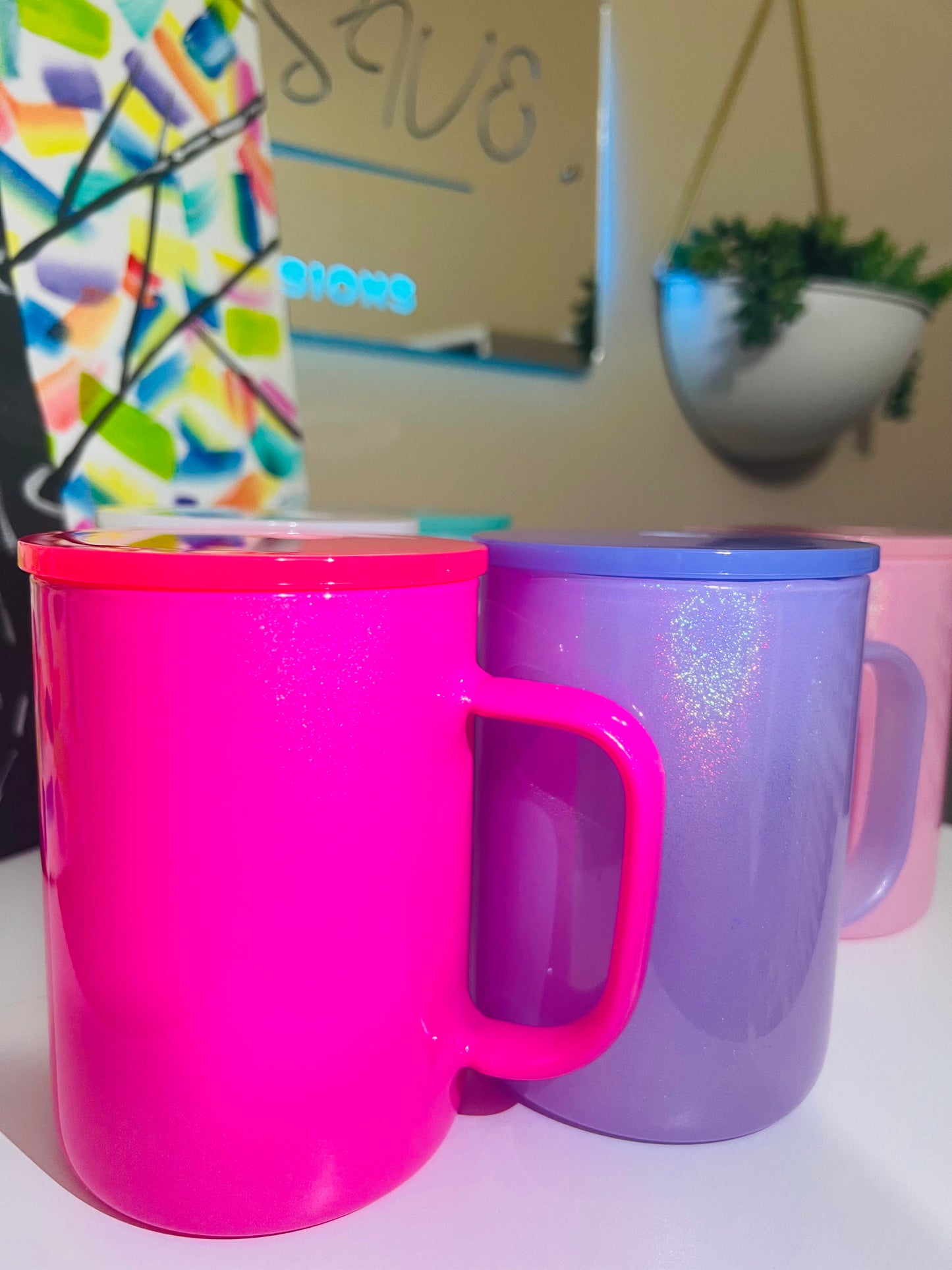 17 oz Mug, Colored Holographic Shimmer Sublimatable Glass Mug w/ Plastic Color Lid & Clear Plastic Straw