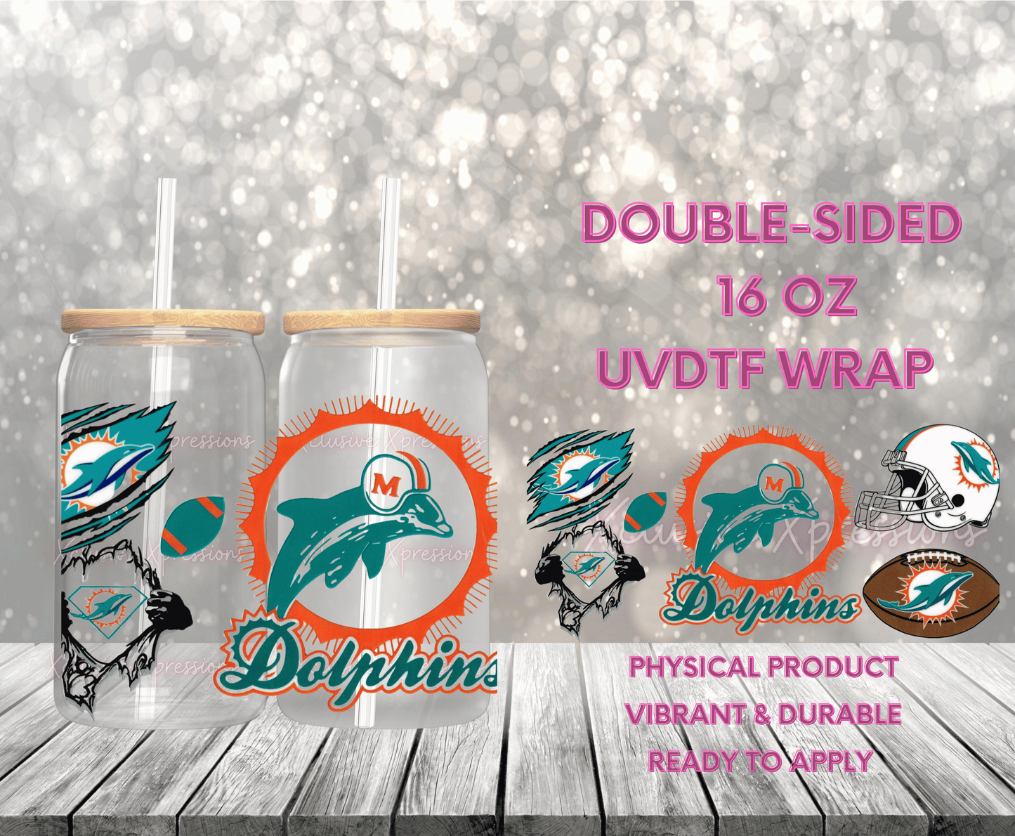 #722 Miami Dolphins Football, Double Sided 16 oz UVDTF