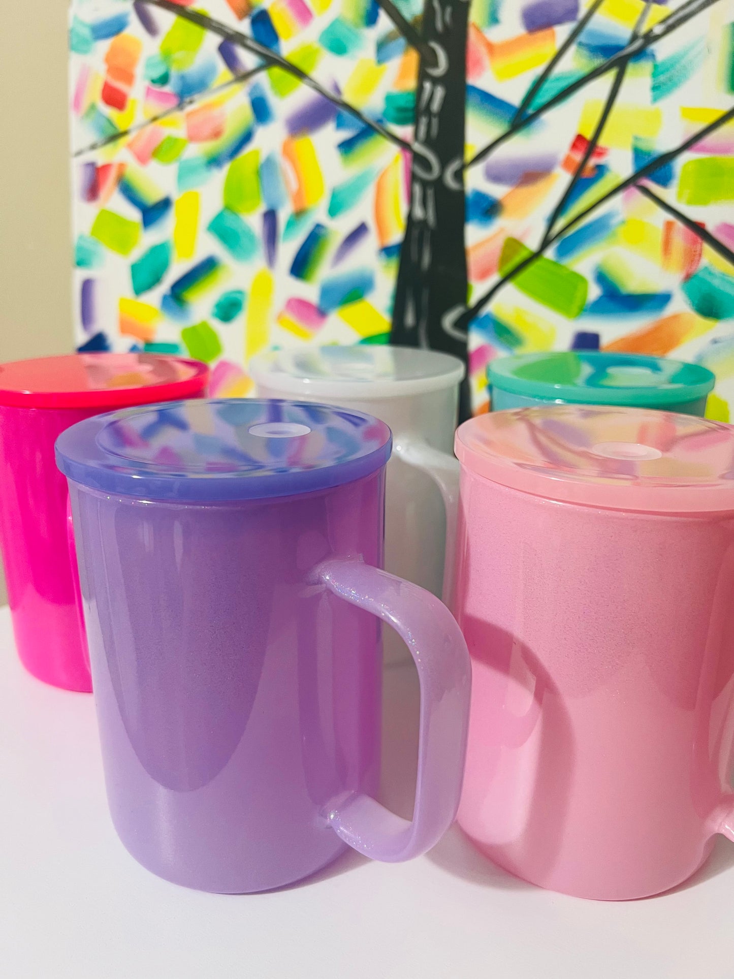 17 oz Mug, Colored Holographic Shimmer Sublimatable Glass Mug w/ Plastic Color Lid & Clear Plastic Straw