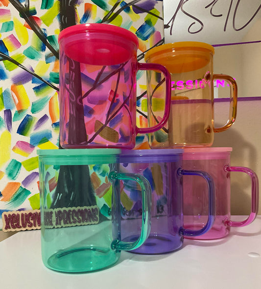 17 oz Mug, Colored Jelly Sublimatable Glass Mug w/ Plastic Color Lid & Clear Plastic Straw