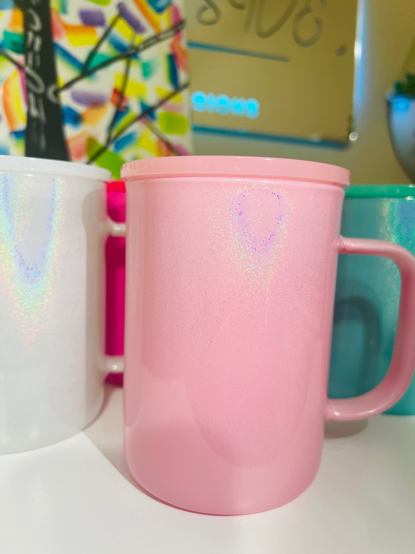 17 oz Mug, Colored Holographic Shimmer Sublimatable Glass Mug w/ Plastic Color Lid & Clear Plastic Straw