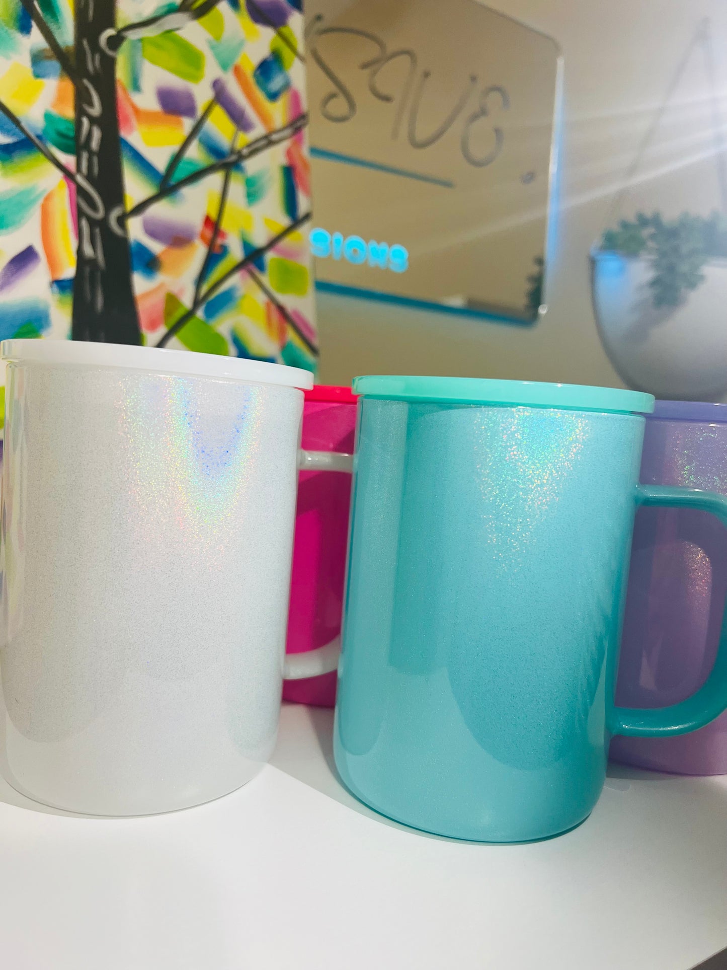 17 oz Mug, Colored Holographic Shimmer Sublimatable Glass Mug w/ Plastic Color Lid & Clear Plastic Straw