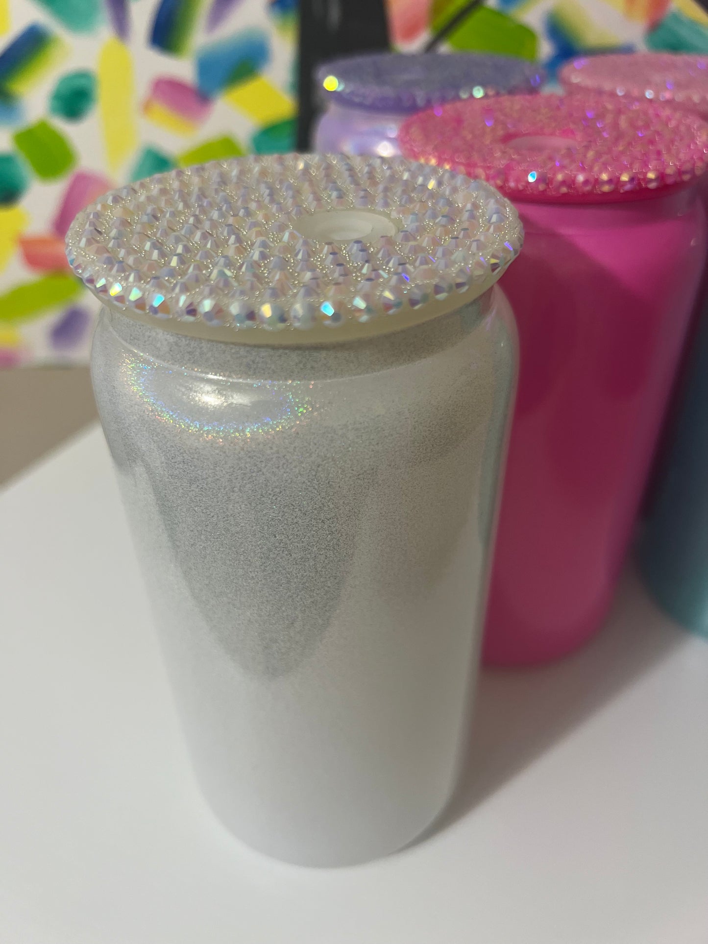 16 oz Cup, Glass Shimmer w/ Bling Lids & Plastic Straw