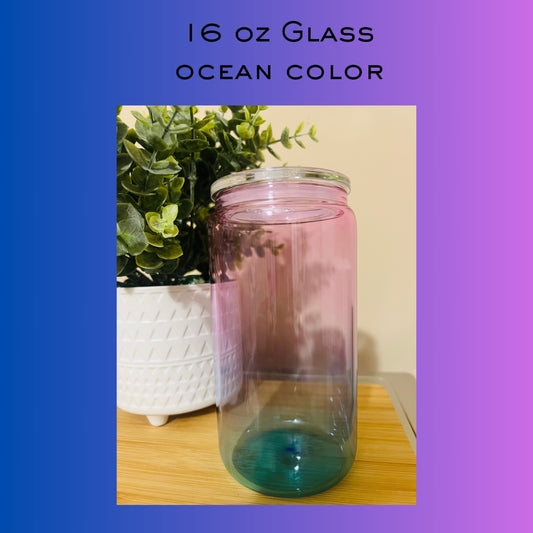 16 oz Cup, Glass Ocean Ombre w/ Clear Lid & Plastic Straw