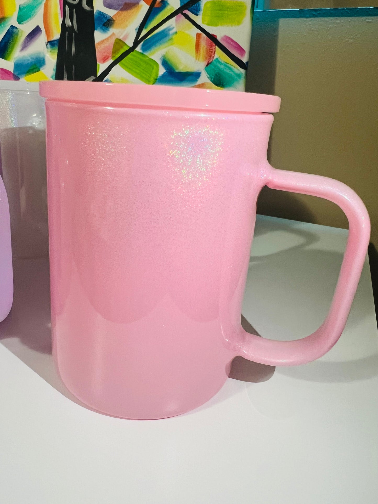 17 oz Mug, Colored Holographic Shimmer Sublimatable Glass Mug w/ Plastic Color Lid & Clear Plastic Straw