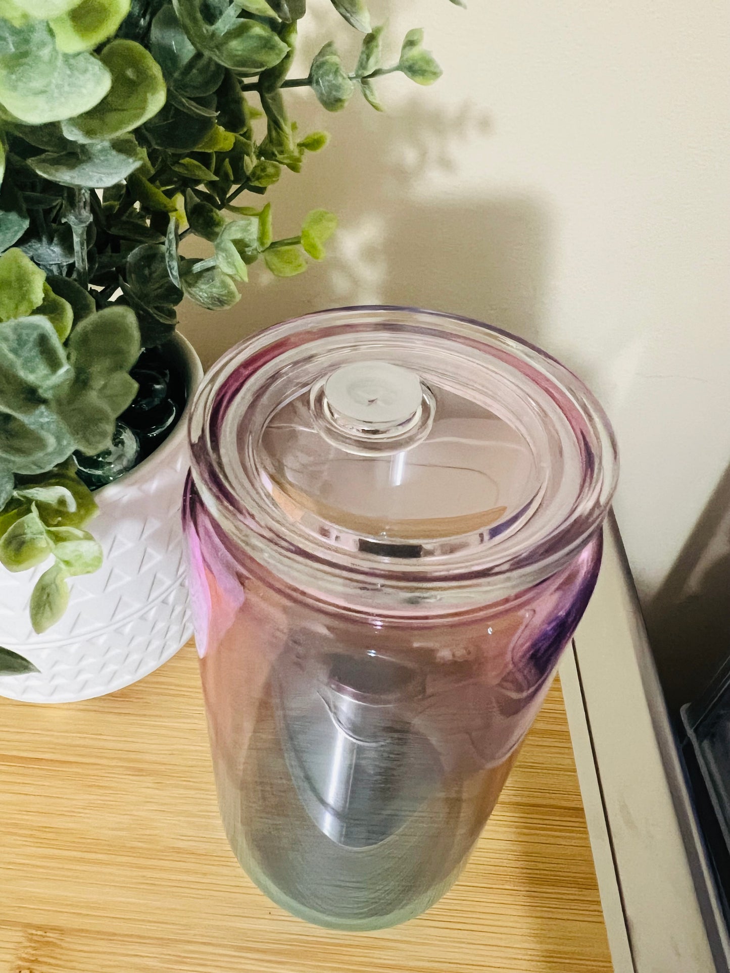 16 oz Cup, Glass Ocean Ombre w/ Clear Lid & Plastic Straw