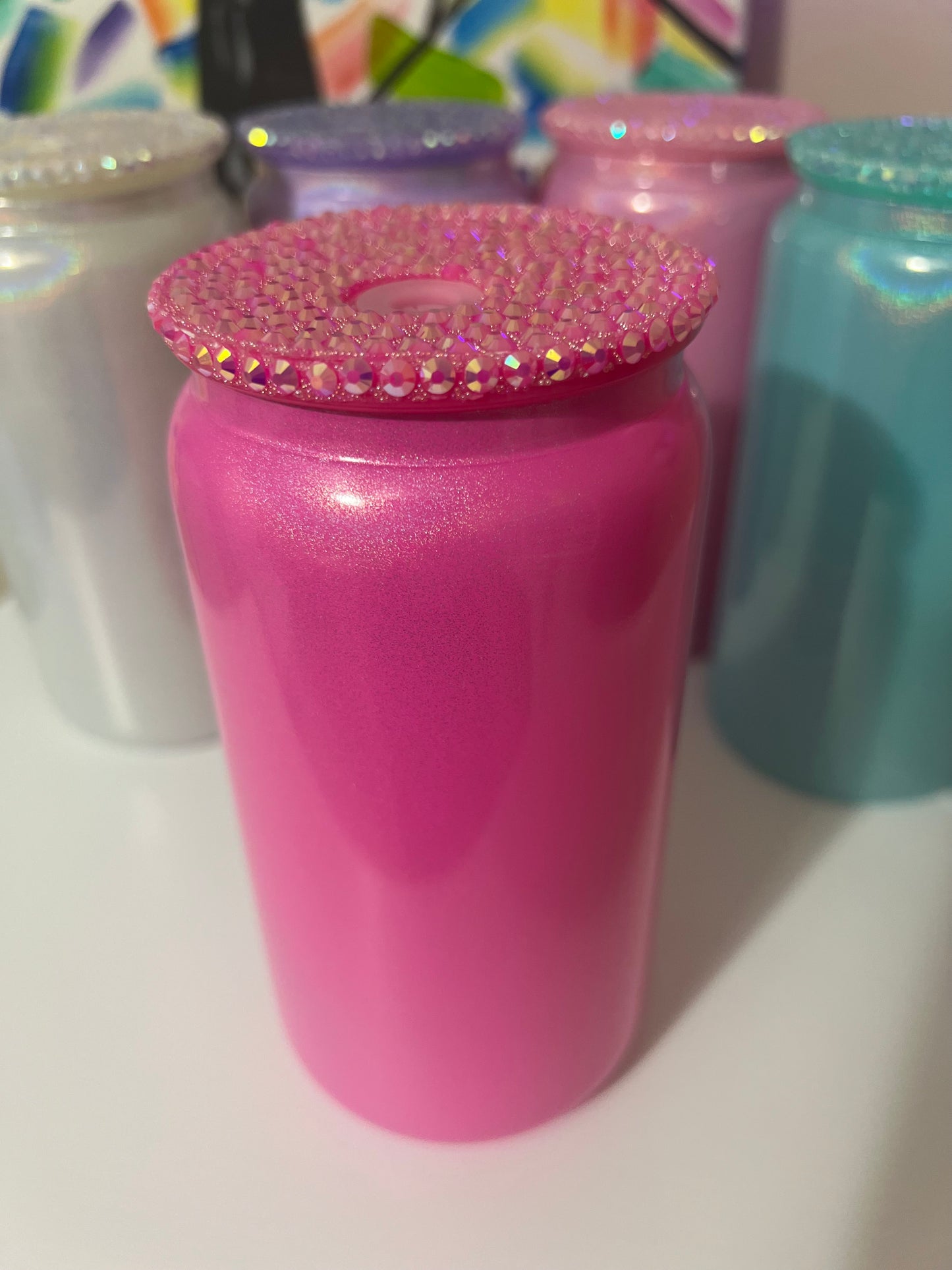 16 oz Cup, Glass Shimmer w/ Bling Lids & Plastic Straw