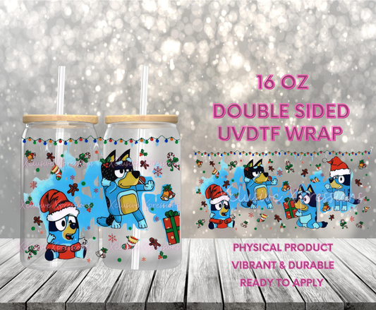 #832, Blue Dog Xmas, Double Sided 16 oz UVDTFi