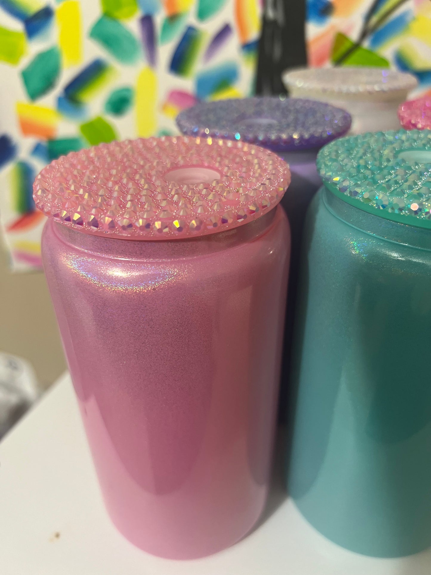 16 oz Cup, Glass Shimmer w/ Bling Lids & Plastic Straw