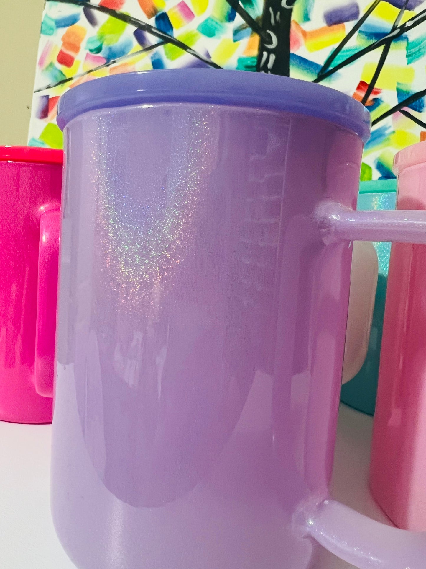 17 oz Mug, Colored Holographic Shimmer Sublimatable Glass Mug w/ Plastic Color Lid & Clear Plastic Straw