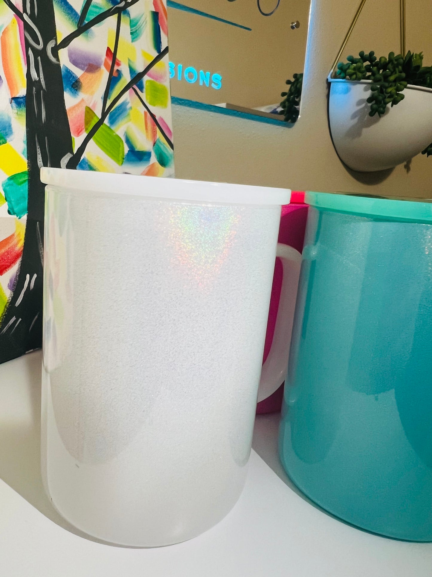 17 oz Mug, Colored Holographic Shimmer Sublimatable Glass Mug w/ Plastic Color Lid & Clear Plastic Straw