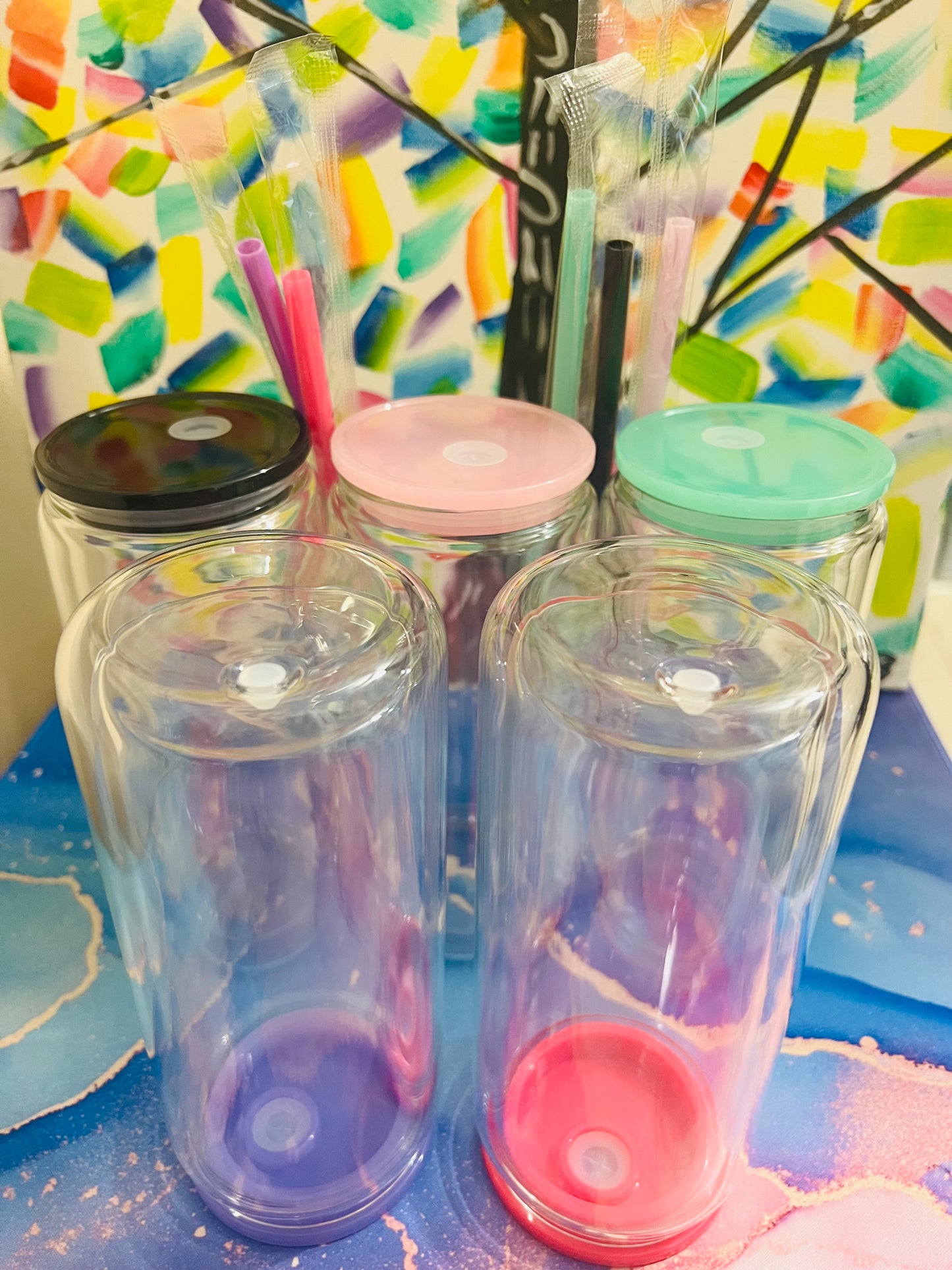 15 oz Cup, Double Wall Glass w/ Acrylic Lids & Colored Plastic Straw