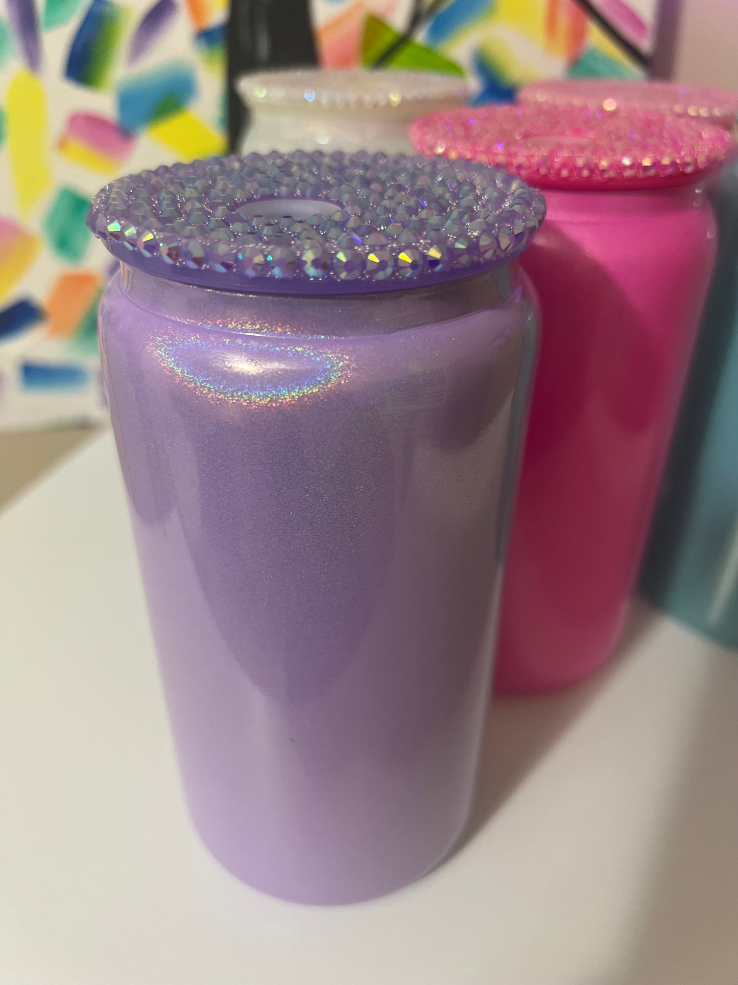 16 oz Cup, Glass Shimmer w/ Bling Lids & Plastic Straw