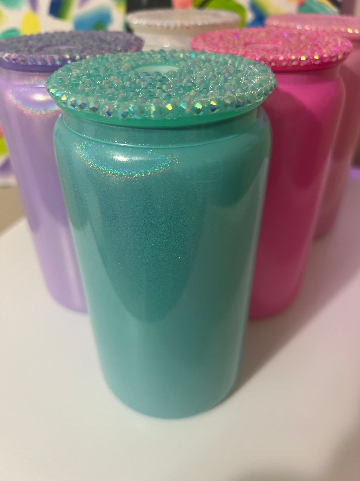 16 oz Cup, Glass Shimmer w/ Bling Lids & Plastic Straw