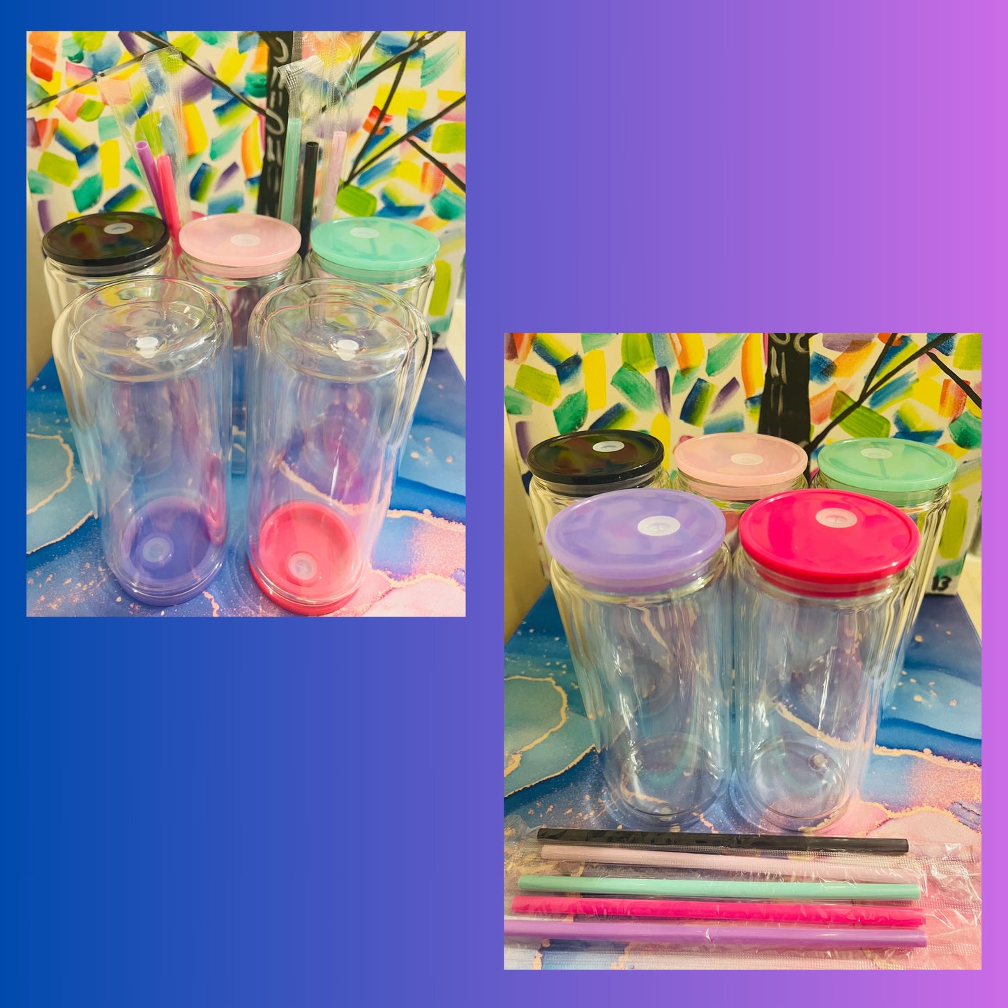 15 oz Cup, Double Wall Glass w/ Acrylic Lids & Colored Plastic Straw