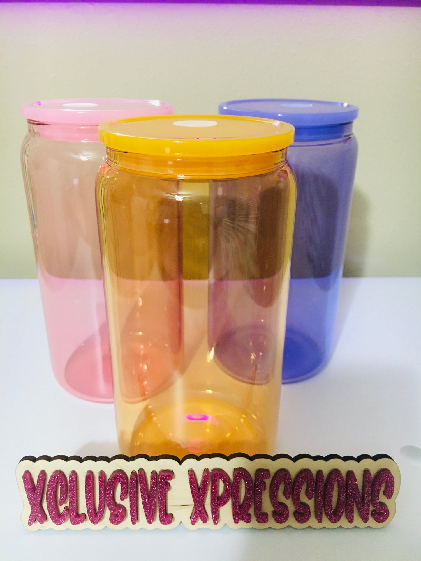 16 oz Cup, Glass Full Color Jelly w/ Acrylic Lids & Clear Straw